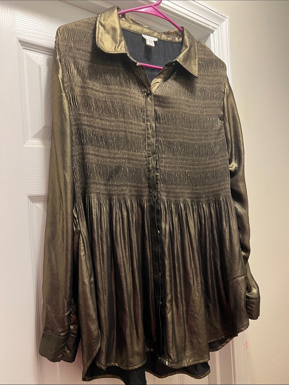 Spense Shimmery Bronze Button-Front Peplum Blouse